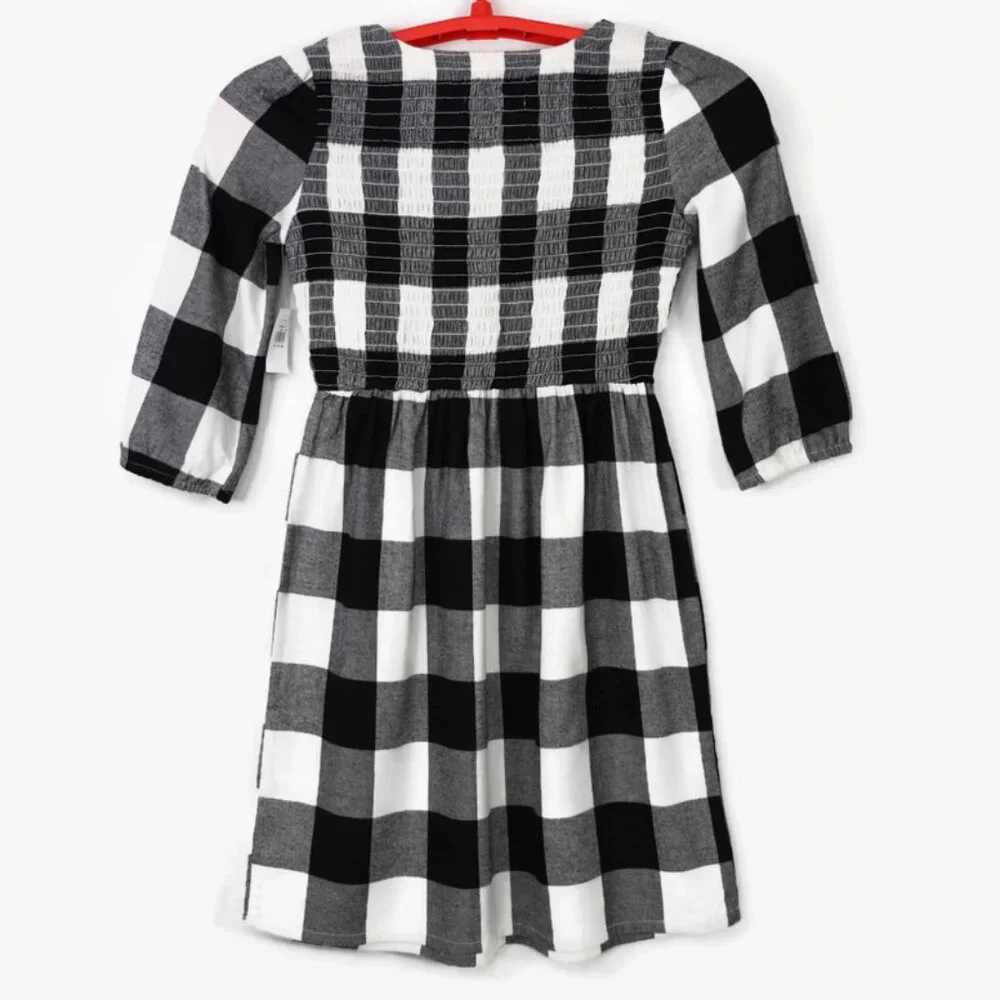 Old Navy Black White Plaid Flannel Smocked Long Sleeve Dress Girls‎ XL 14 16